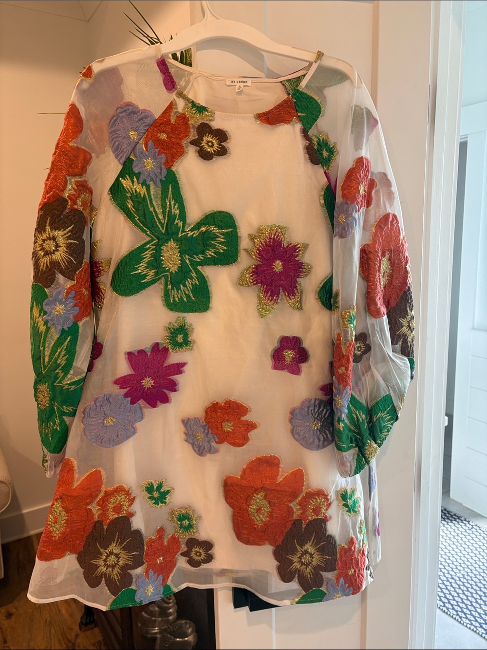 En Creme White Dress with Multicolor Floral Embroidery